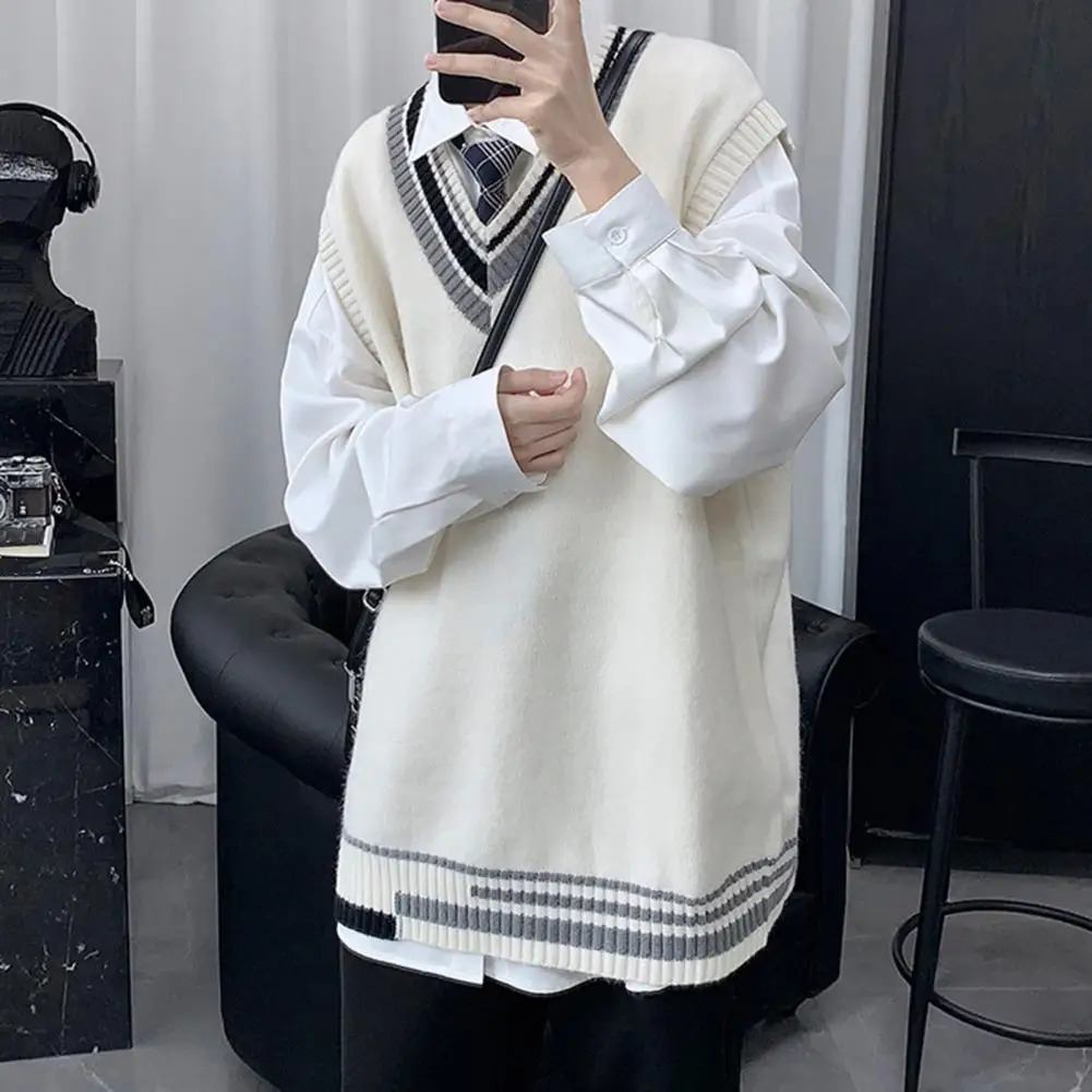 Men Asymmetrical Pattern Sweater Couple Matching Sweaters Colorblock V Neck Mens Vest Preppy Business Style for Mid 250107