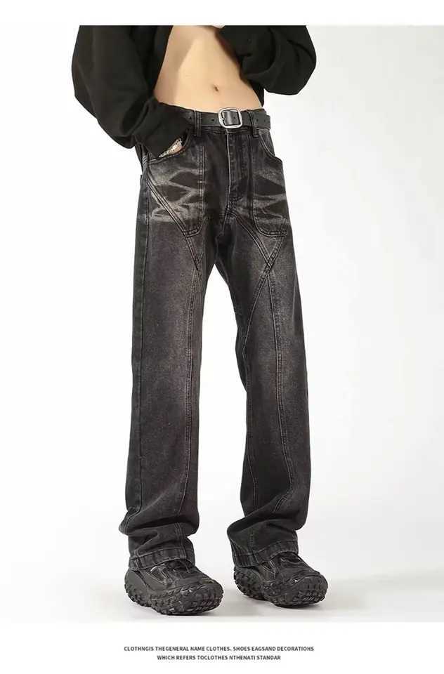 Washed Micro Flared Jeans for Men Straight Casual Bag Denim Trouser Split Wash Jeans for Men Distressed Streetwear Y2k Mens M250109