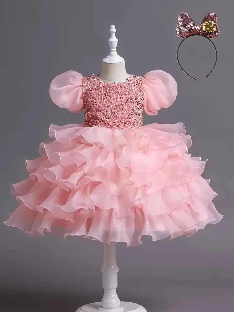 Little Girls Sequined Par Ball Dress With Big Bow Headband Kids Special Par Prom Dress Dance Performance Dress Princess DrXJ250108