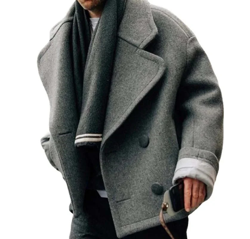 2023 Mens Autumn and Winter Fashion Casual Polo Short Drop Shoulder Woolen Coat 250106