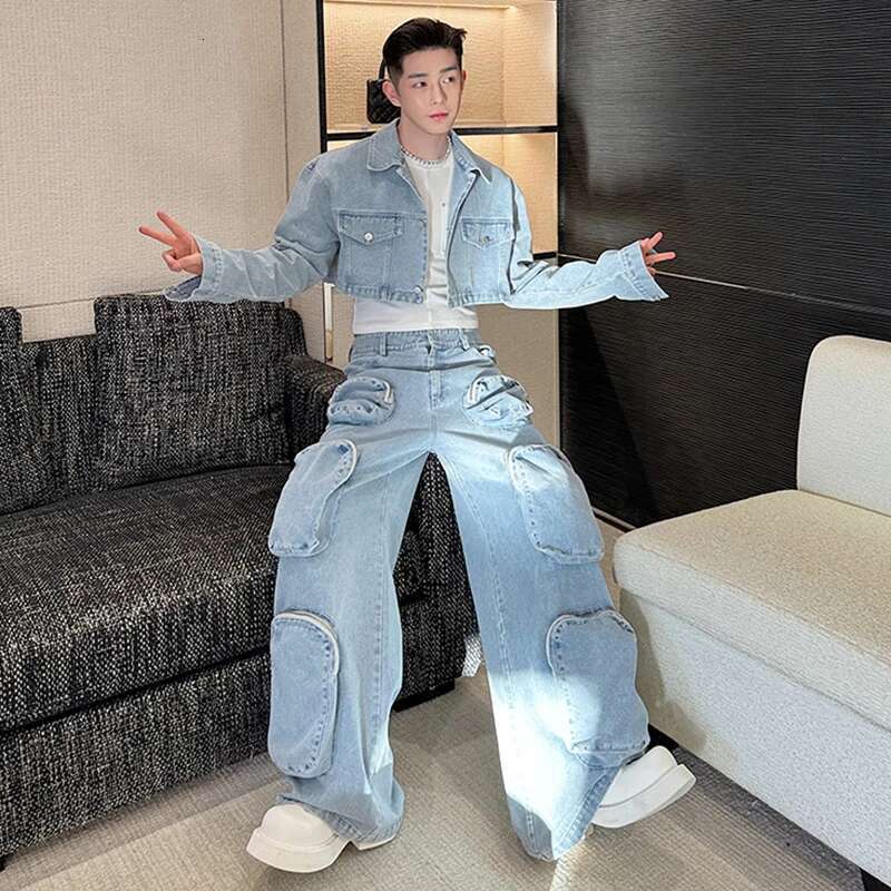 Autumn Stylish Splicing Design Denim Jackets Two-Piece Sets Men's 2024 Personality High Street Multi Pockets Pants