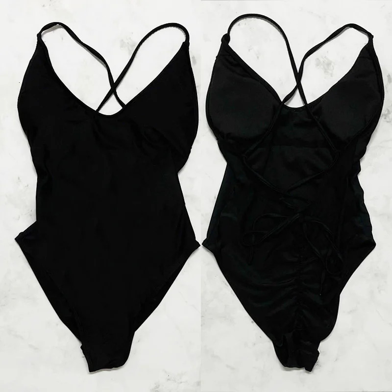 Sexy Female Swimsuit With Chest Pad 1Piece Swimwear Women Monokini Bandage Swimming Suit S3XL Pink Black Push Up Bathing Suits 250108