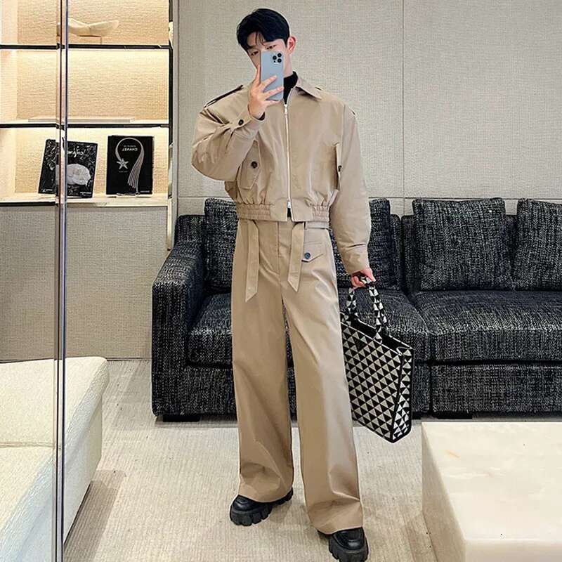 Stylish Double Zipper Design Casual Jackets Loose Straight Tube Pants Men's Trendy Two-Piece Sets Autumn New Ae0bff
