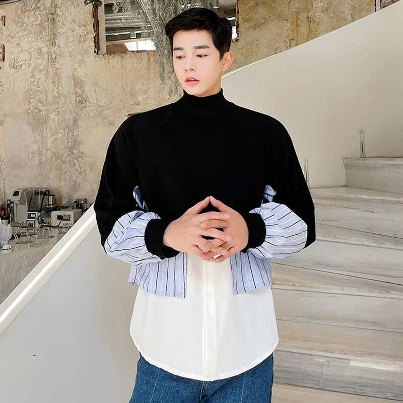 Stripe Color Contrast Patchwork Design Long Sleeve Fake Two Piece Men Autumn New Fashion Personality Sweater