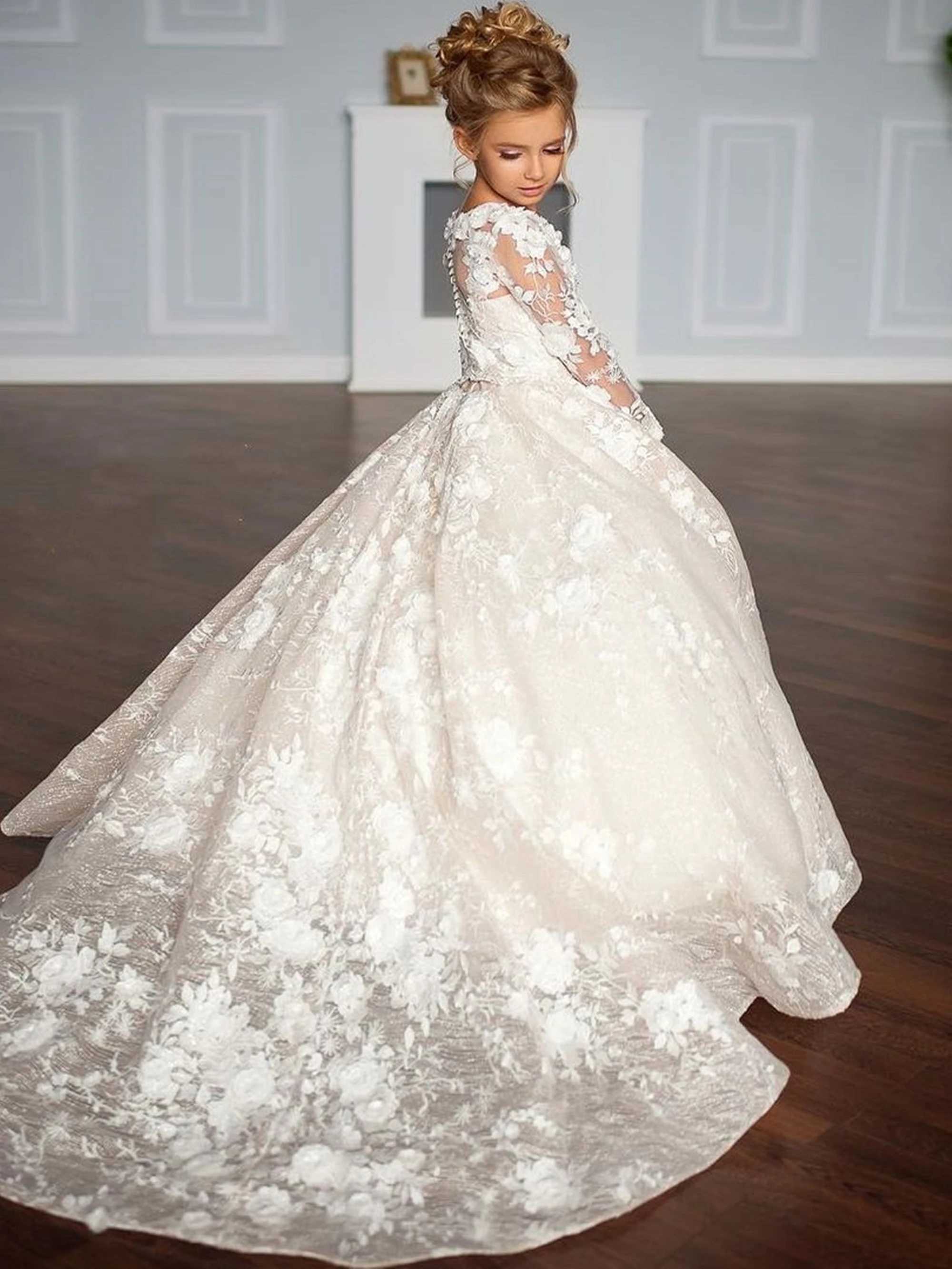 Flower Girl Dress White Tulle Lace Applique Elegant Wedding Litter Flower Child Birthday Celebration Eucharist Par DressXJ250108