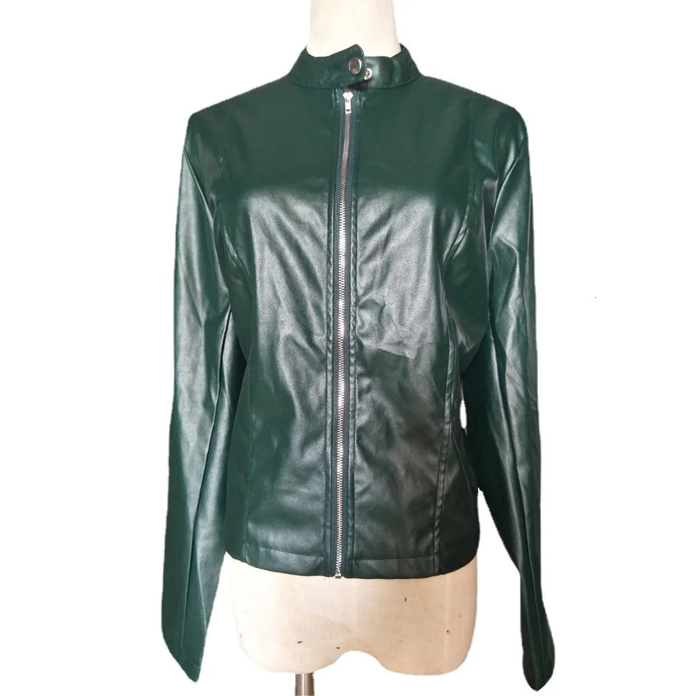2025 Spring Autumn Womens Leather Jacket Solid Color Zipper Female PU Suit Oneck Casual Outwears 250103