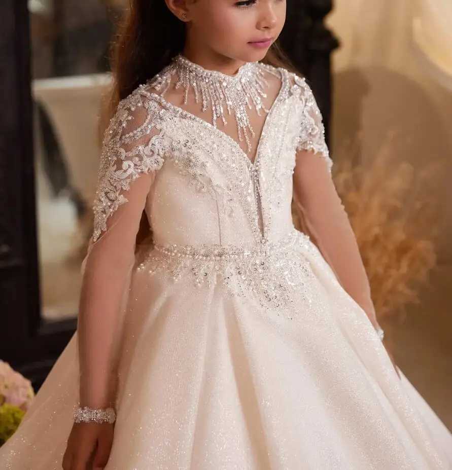 New Shining Flower Girl Dress For Wedding Lace Puffy Sequins Beading Full Sleeve Kids Birthday Par First Communion GownsXJ250108