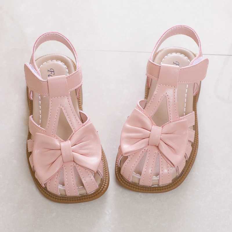 Cute girl sandals bow peeking toe 2024 new soft hook and loop beige childrens princess shoes casual shoes PU cute childrens shoes anti slip W250108
