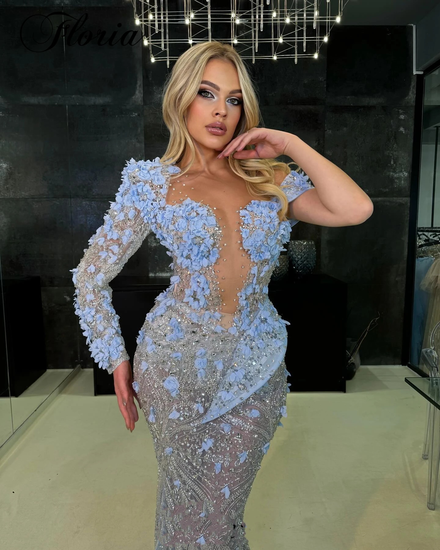 Mermaid Evening Dress, Sheer Neck One Shoulder Gown, Appliques Sequins Beaded Sweep Train, Custom Fit, 2024 Party Dress