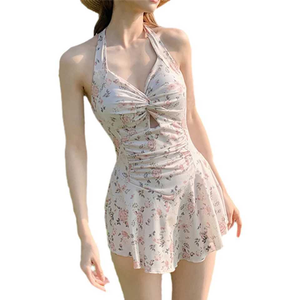 Women Hanging Neck Swimwear Sexy Beach Dr High Waist Swimsuit Sweet Swimwear Conservative Belly-covering Spring Dr LinedXJ240108