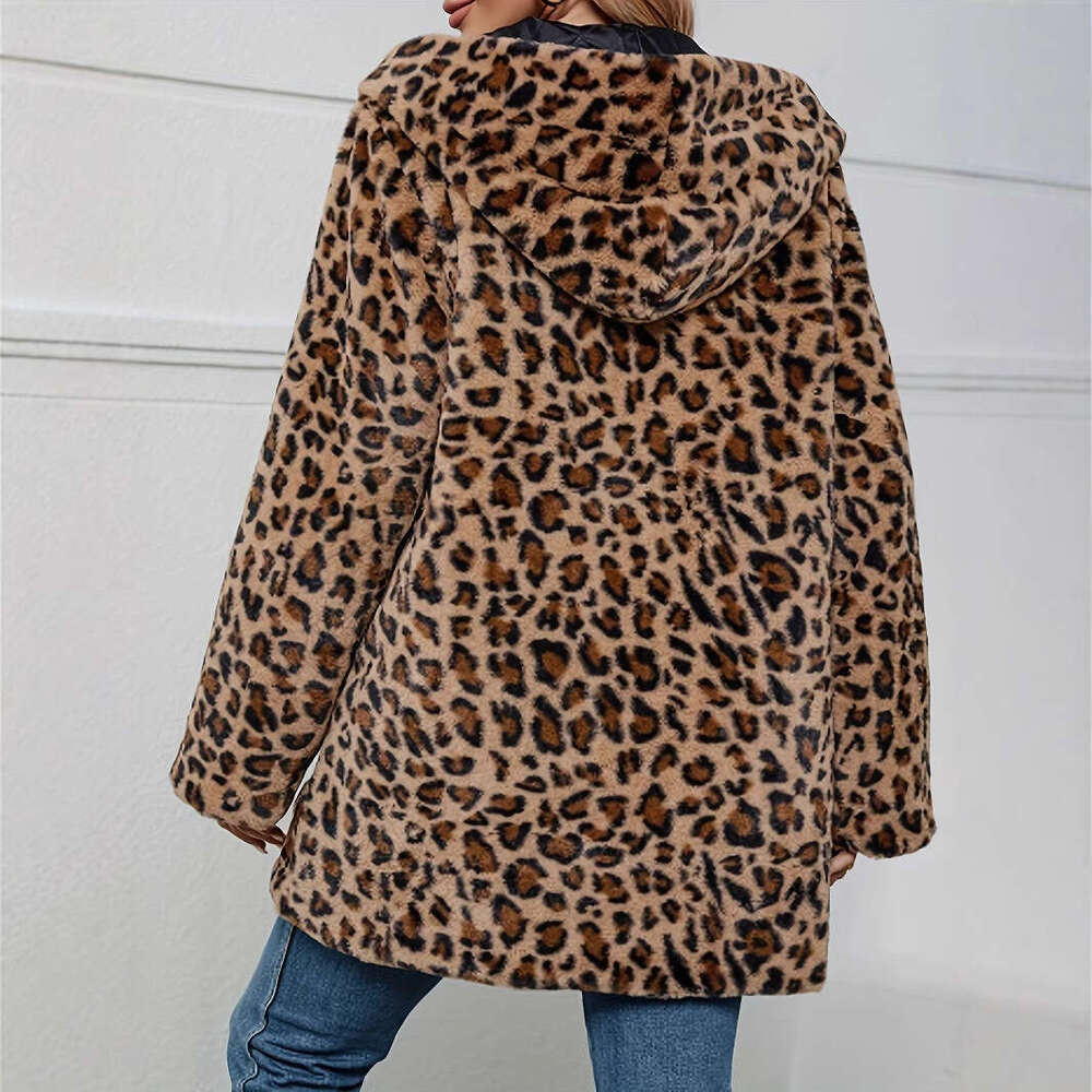 European American Autumn And Winter Leopard Print Women's Clothing Fashion Temperament Imitation Fur With Pockets Loose Woolen Coat