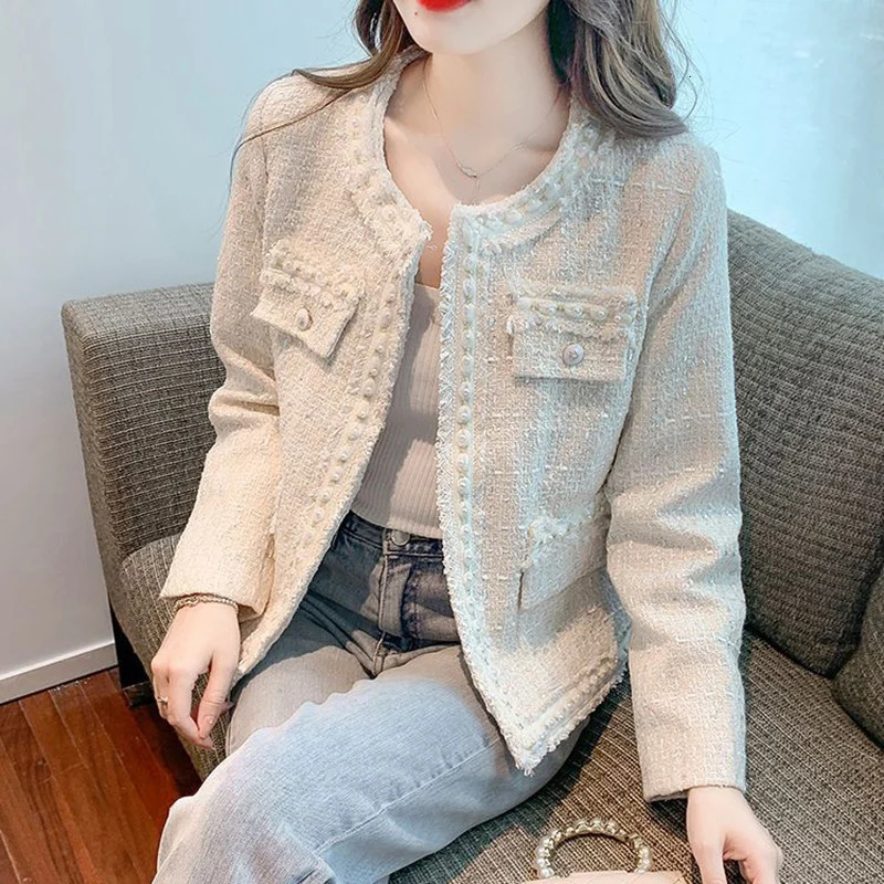 Rimcoy Korean Sweet Tweed Jacket for Women Fashion Pearls Decor Round Neck Dress Coats Woman Long Sleeve Chic Jackets Female 250109