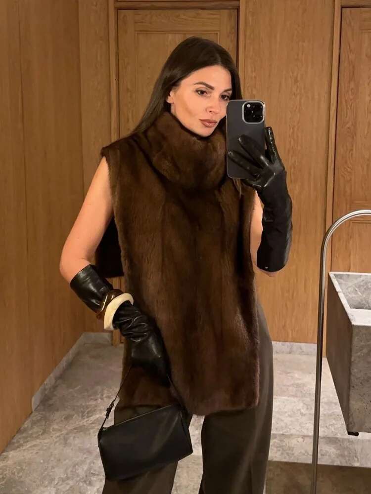2024 Winter Chic Neck Sleeveless Fluffy Waistcoat Retro Solid Color Soft Warm Woman Short Vest New Female High Street Wear