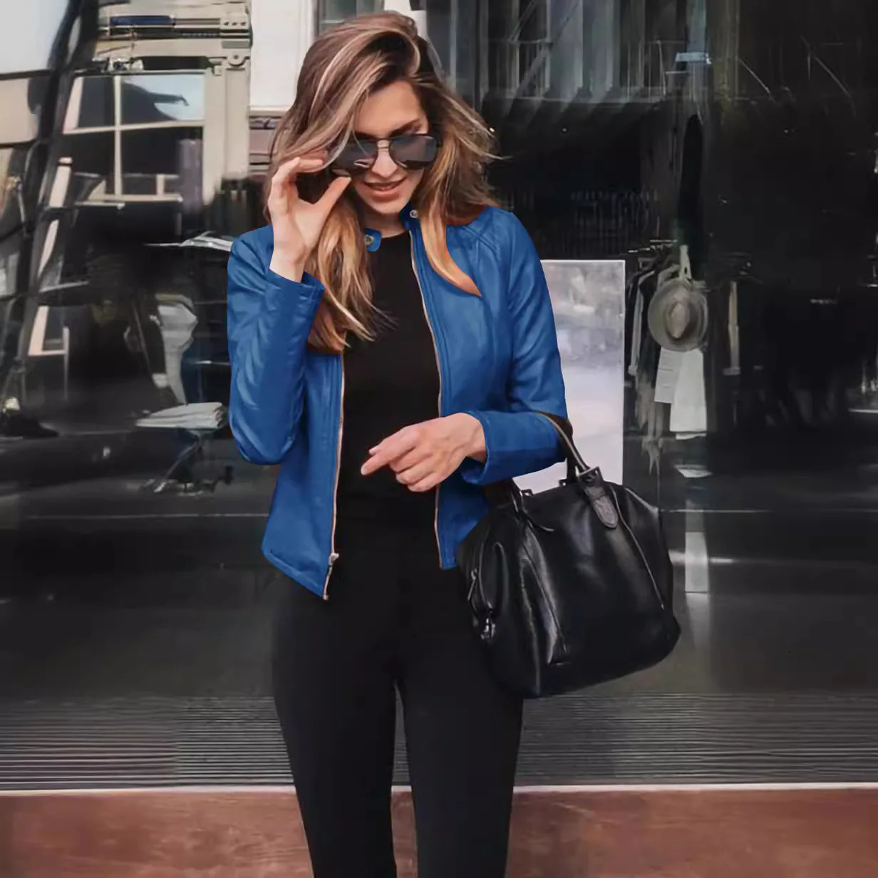 2025 Spring Autumn Womens Leather Jacket Solid Color Zipper Female PU Suit Oneck Casual Outwears 250103