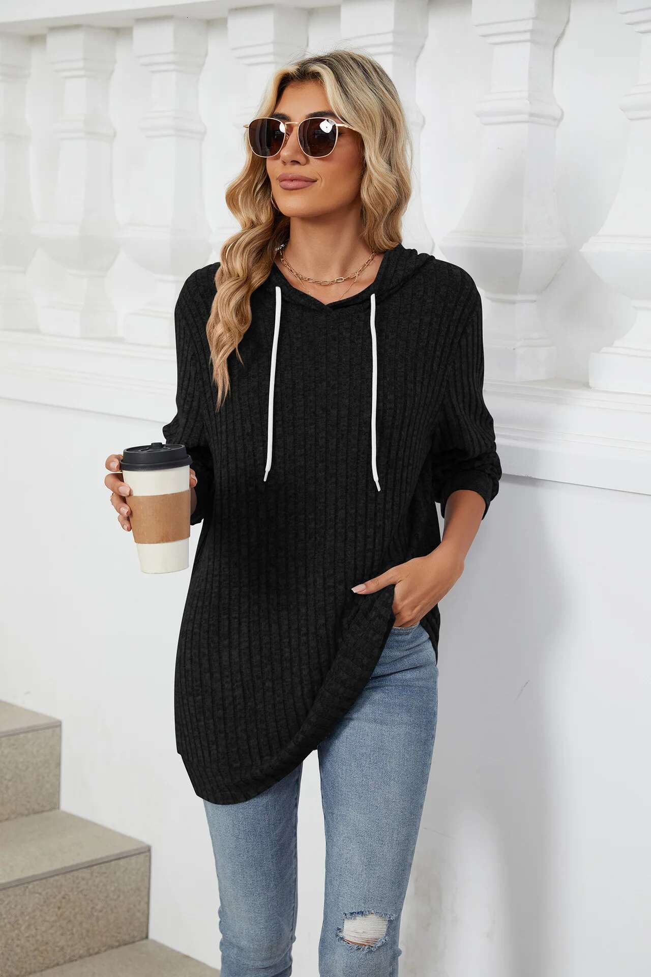 2025 New Women's Solid Color Hooded Drawstring Casual Long Sleeved Sportswear Fashionable Designer Sweatshirt