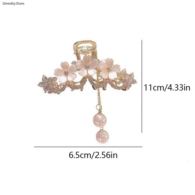 1pc Elegant Diamondencrusted Pearl Jasmine Flower Tassel Claw Clip Metal Hair Female On The Back Of Head 241228