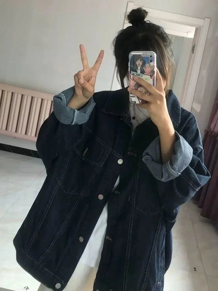 Vintage Denim Jackets Women Harajuku Dark Blue Jeans Coat Korean Fashion Oversized Y2k Aesthetic Grunge Outwear 250109