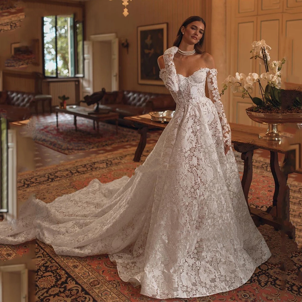 Boho Lace A-Line Wedding Dresses Off Shoulder Long Sleeves Beach Bridal Gowns Court Train Back Lace-Up 2025 Gorgeous Garden Bride Dress