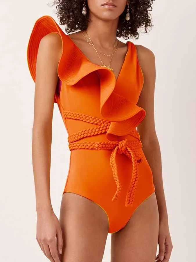Green Ruffd Solid One-Piece Swimsuit Womens Summer Swiming Suit Sexy 2023 Luxury Shorts Monokini Bandage BourkiniXJ240108