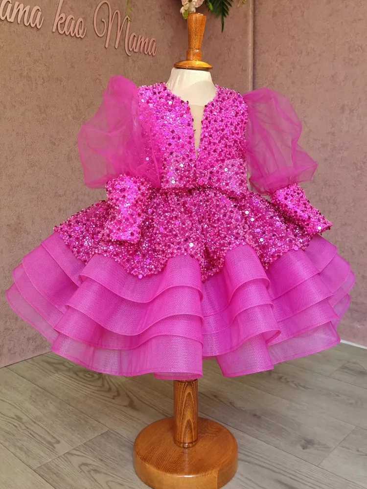 Girl Sequenant Nets Lace Larger Dress Vitamin V -neck Dress dress girl birthday par dress rose red first holy meal dressXJ250108