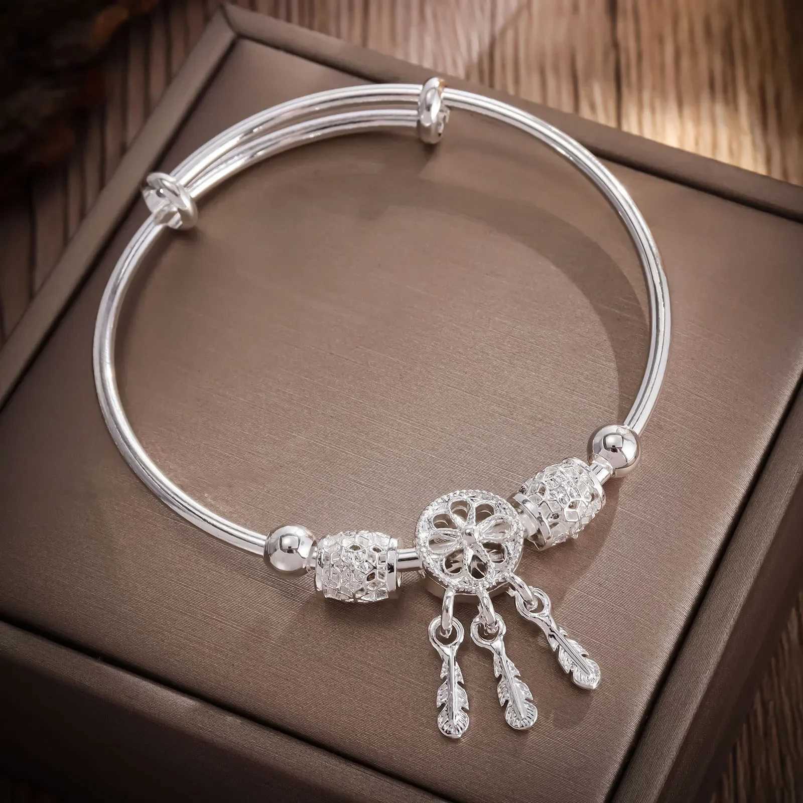925 Sterling Silver Bracelets for Women Tassel Feather Round Bead Bangle Adjustable Charm Bracelet Luxury Wedding Jewelry GiftsXJ250109