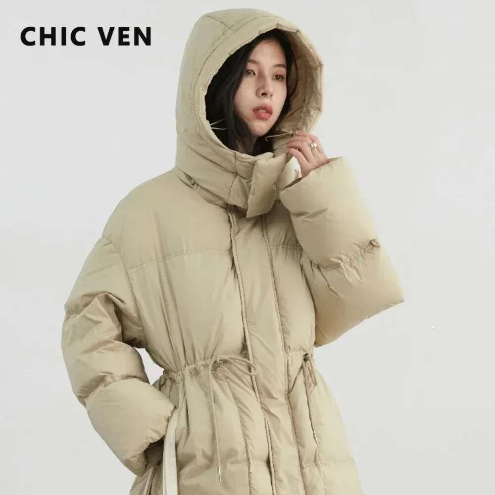 CHIC VEN Women Loose Solid Hooded Waist Puff Female Down Jacket 90 White Duck Coat Winter New 2024