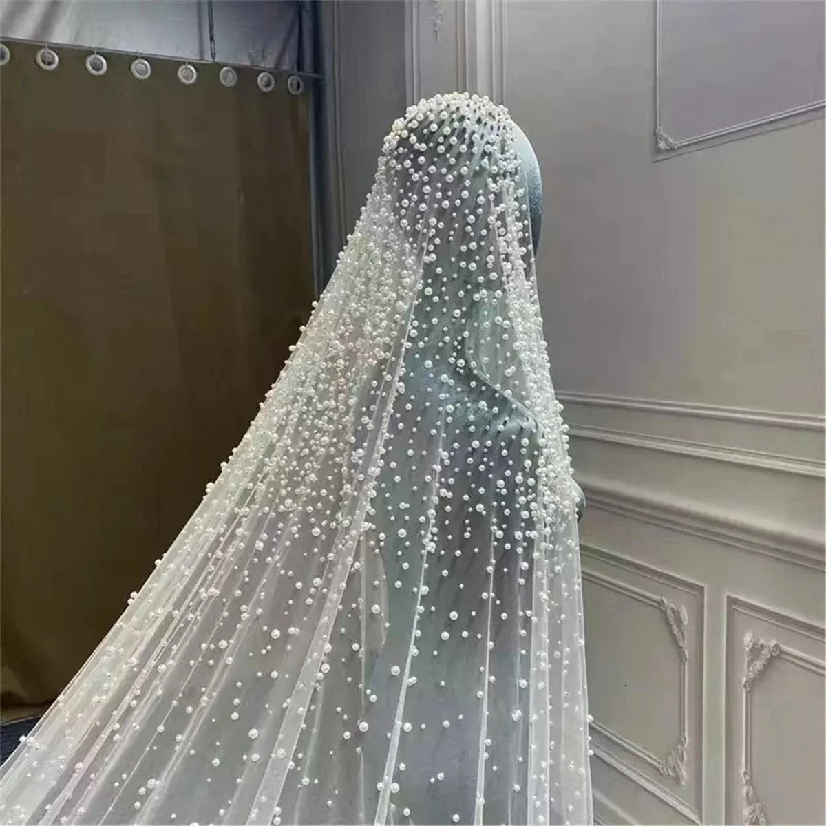 1Tier Wedding Veil With Pearls Long Bridal Veil Scattered Pearls Dense Pearls Mantilla Veil with Comb Cathedral Custom250108