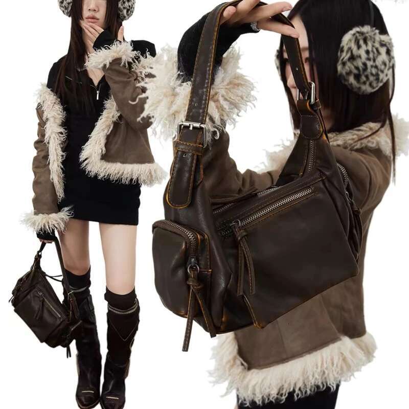 Vintage Armpit For Punk Women Handbags Retro Washed Pu Leather Shoulder Crossbody Bags Y2k Small Motorcycle Bag 2024