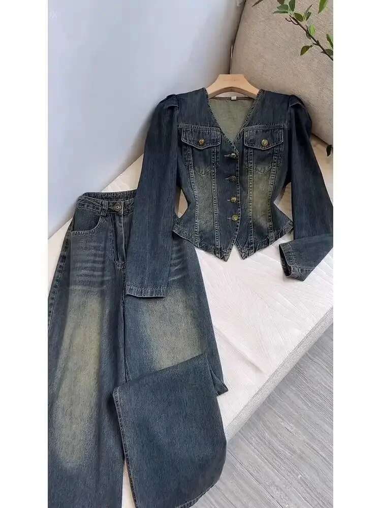 V Neck Denim Coat Wide Leg Jeans Trousers 2 Piece Sets Womens Outfits Y2k Suits Vintage Autumn Winter Jacket Loose Pants