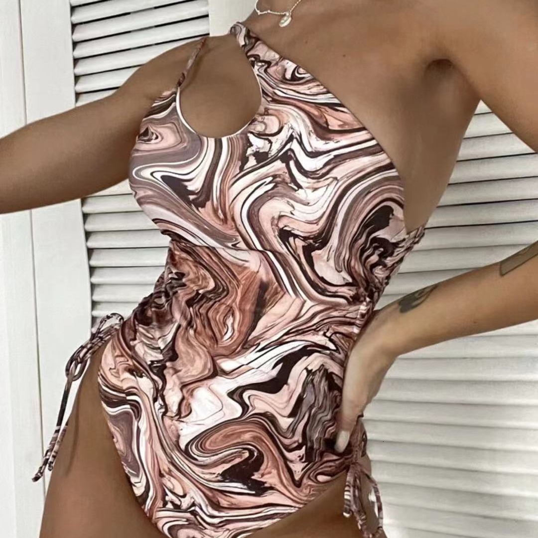 2025 women's spiral printed one-piece swimsuit paired with sexy drawstring bikini designer trendy beach swimsuit