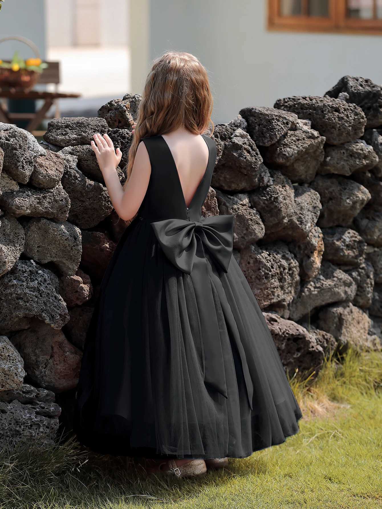 Luxury Satin Flower Girl Dress with Big Bow Sleeveless Fancy Formal Birthday Tulle Par Long Black DressesXJ250108