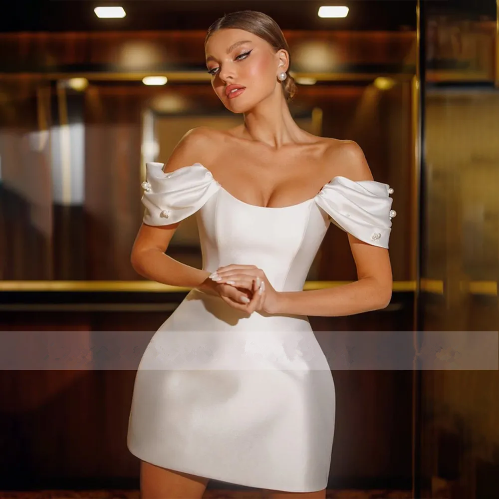 Short Wedding Dress White Satin Off the Shoulder Column Mini Wedding Gowns for Women 2024 Bride Lace Up Pleat Simple Bridal Gown Vestido De Noiva Cust