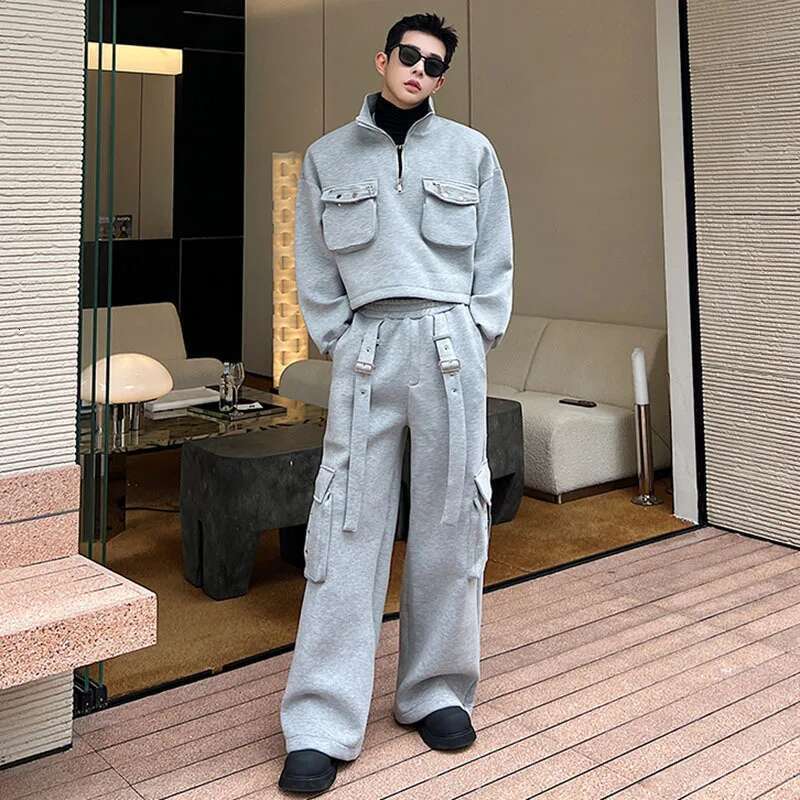 Street Men's Stylish Two Piece Set High Quality Pockets Splicing Design Tops Casual Cargo Pants Clothes Loose