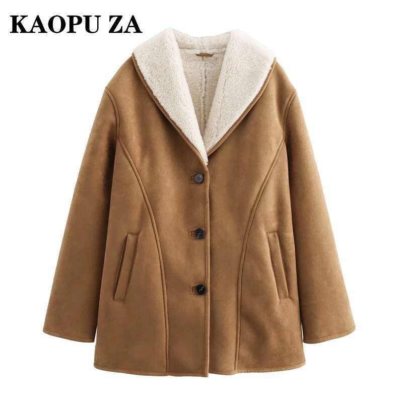 KAOPU ZA 2024 Autumn/Winter Woman Casual Turn-Down Collar Long Sleeve Jacket Coat Female Vintage Single-Breasted Solid Color Top