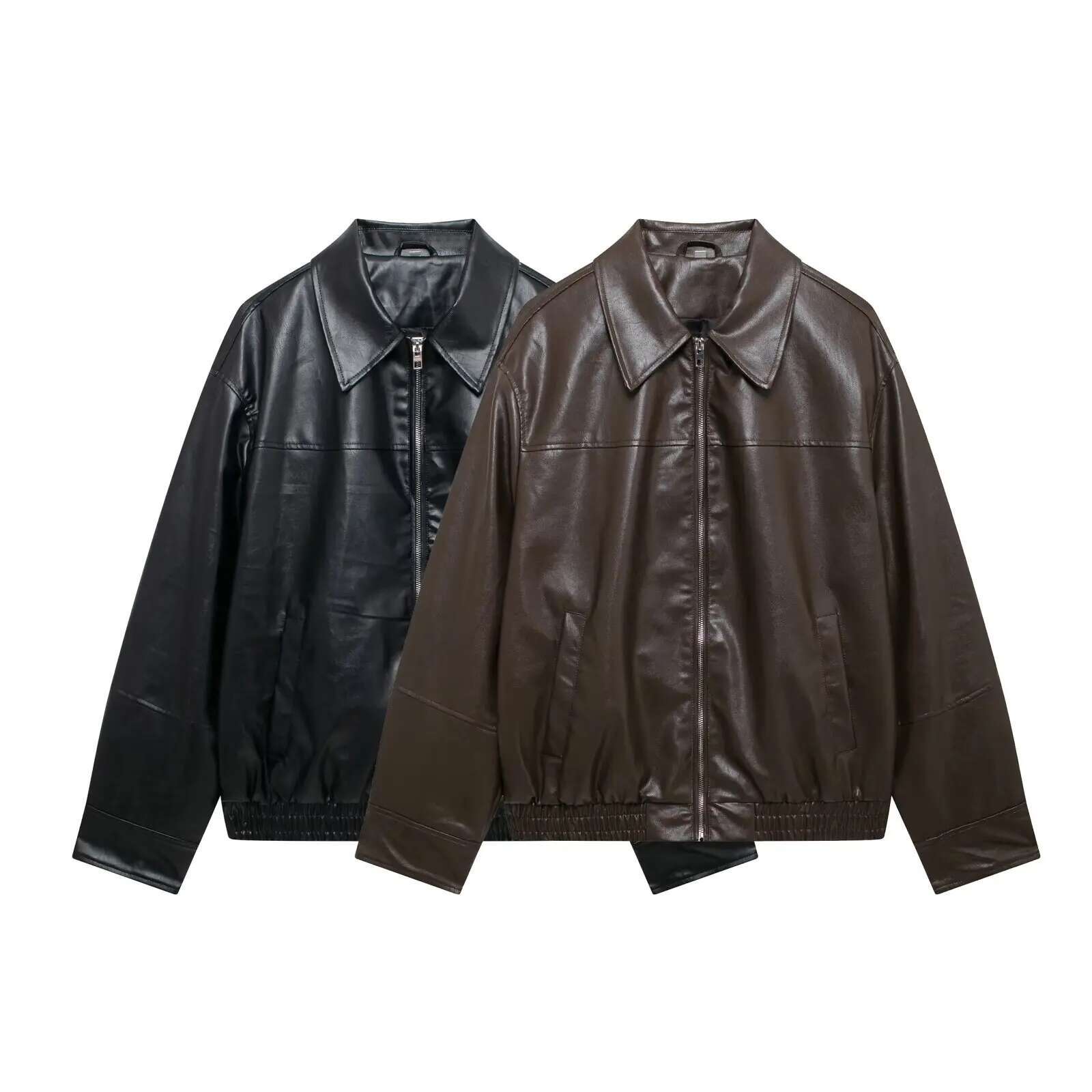 Fashionable And Versatile Loose Lapel Zipper Imitation Pilot Coat Women's Autumn New PU Leather Jacket
