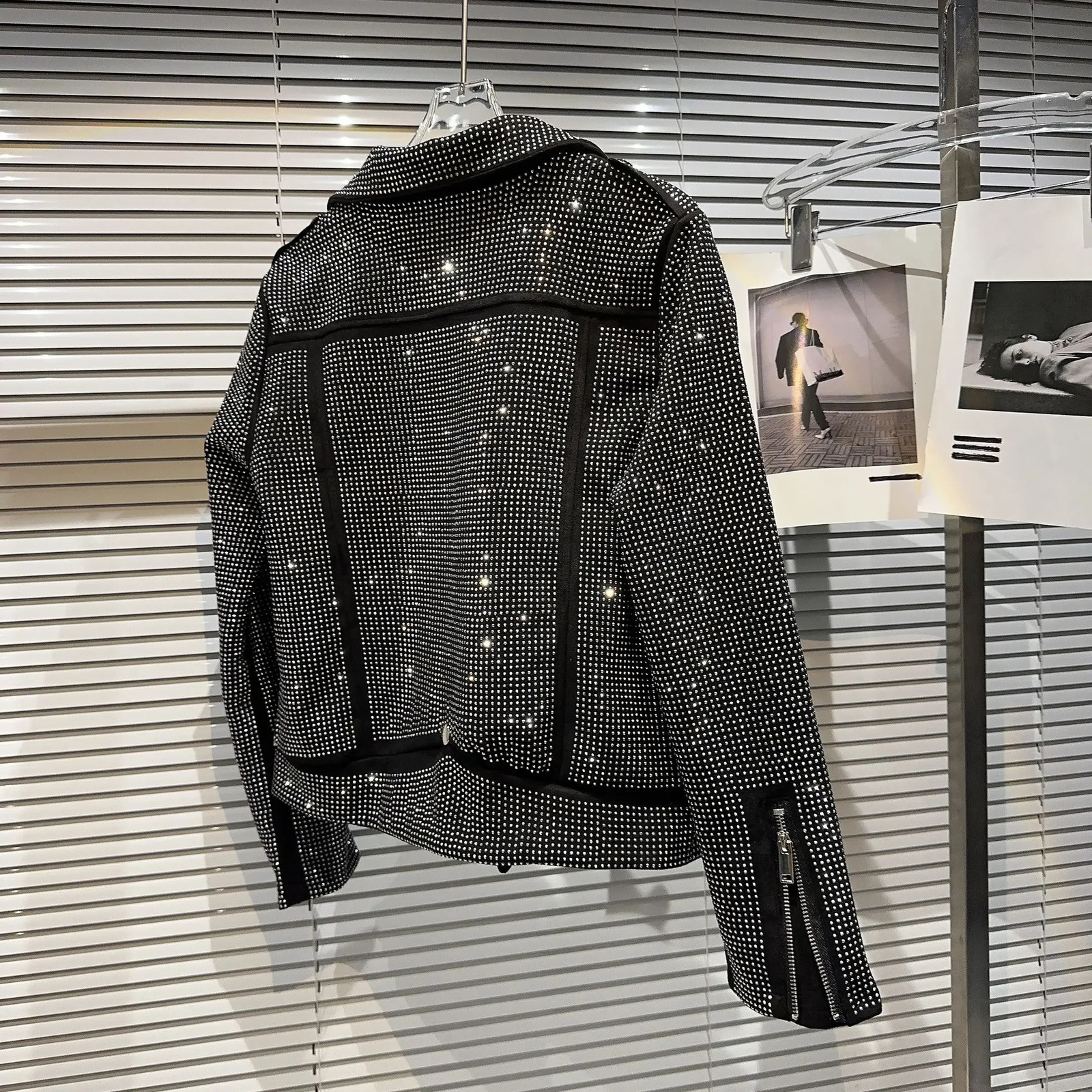 Autumn Shiny Oblique Zipper Full Diamonds Locomotive Bomber Jacket Turn Down Collar Sequined Coat Rhinestones Streetwear Tops 250109