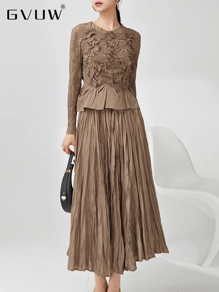 GVUW Pleated 2 Pieces Set Niche n Women Full Sleeve Tops A Line Skirt Loose Solid Color 2025 Lady Sets 17G8434 250109