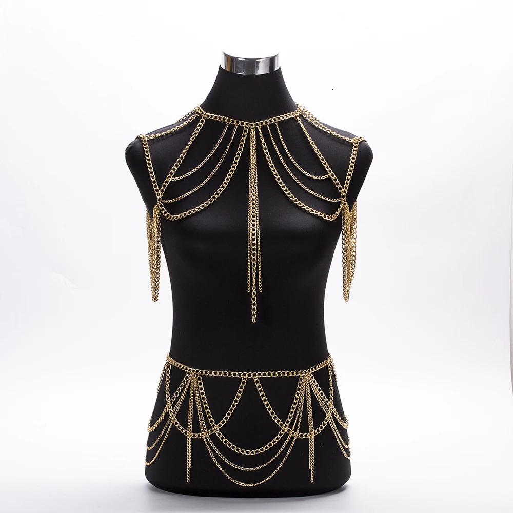 Fashion Jewelry Accessories ChestWaist Chain Set Heavy Metal Multilayer Tassel Gold Color Body Chain Necklace For Women 250107