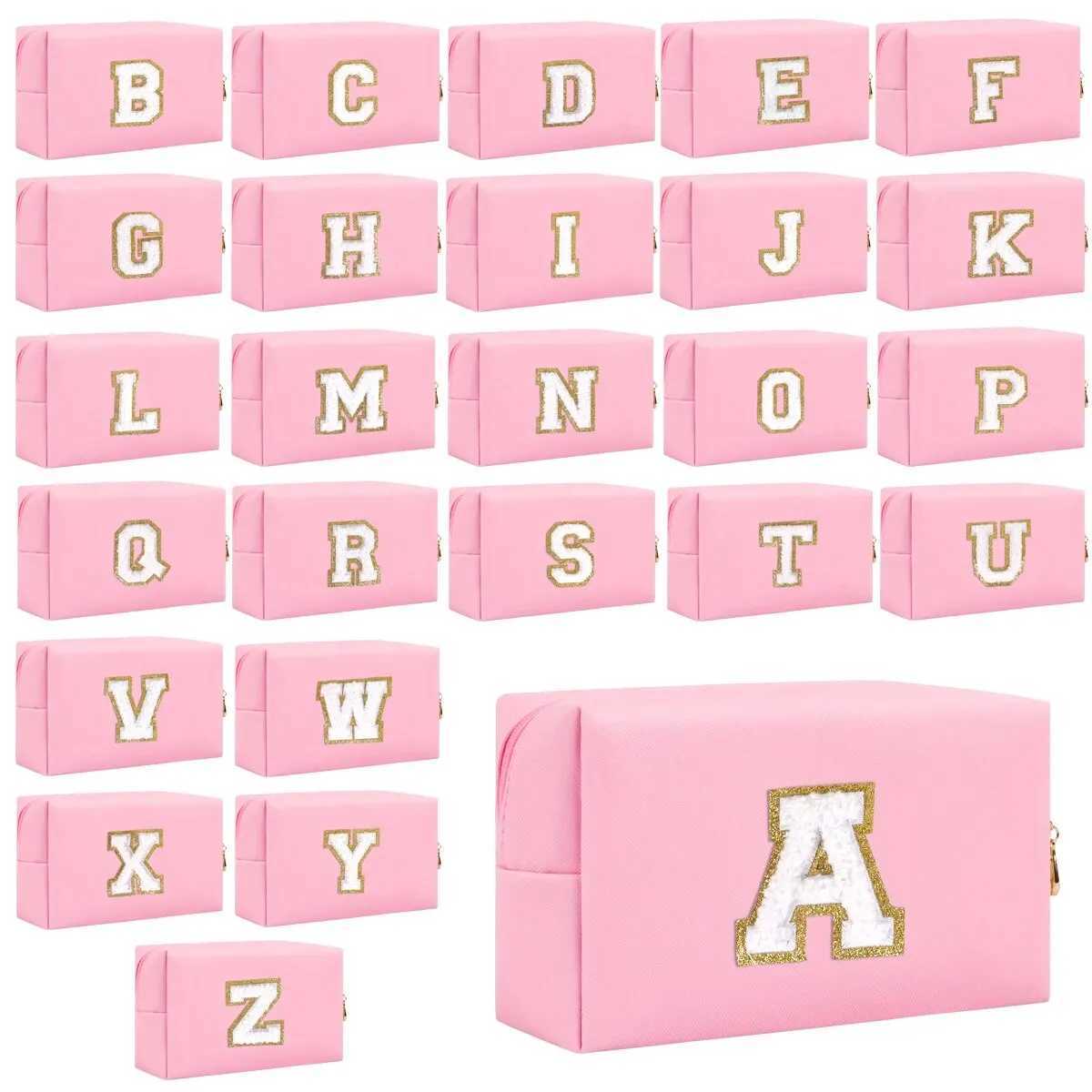 Initial letter patch makeup bag pre made portable chenille letter makeup bag with zipper PU leather waterproof travel toilet W250109
