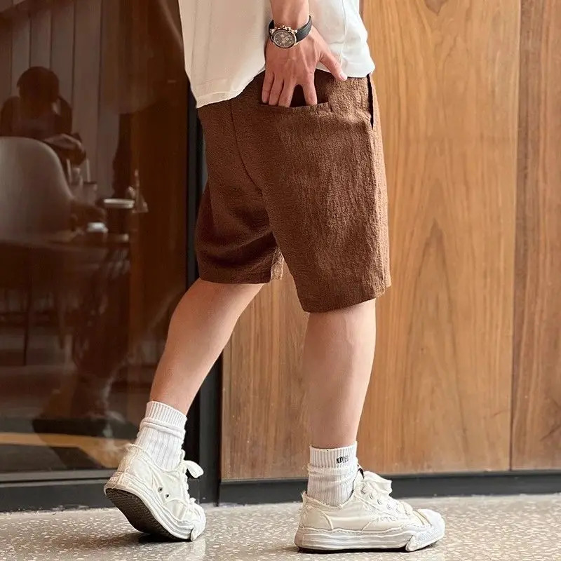 Vintage Solid Elastic Waist Mens Casual Shorts Summer Drawstring Pocket Sports Loose Trendy Straight Black Beach 250109