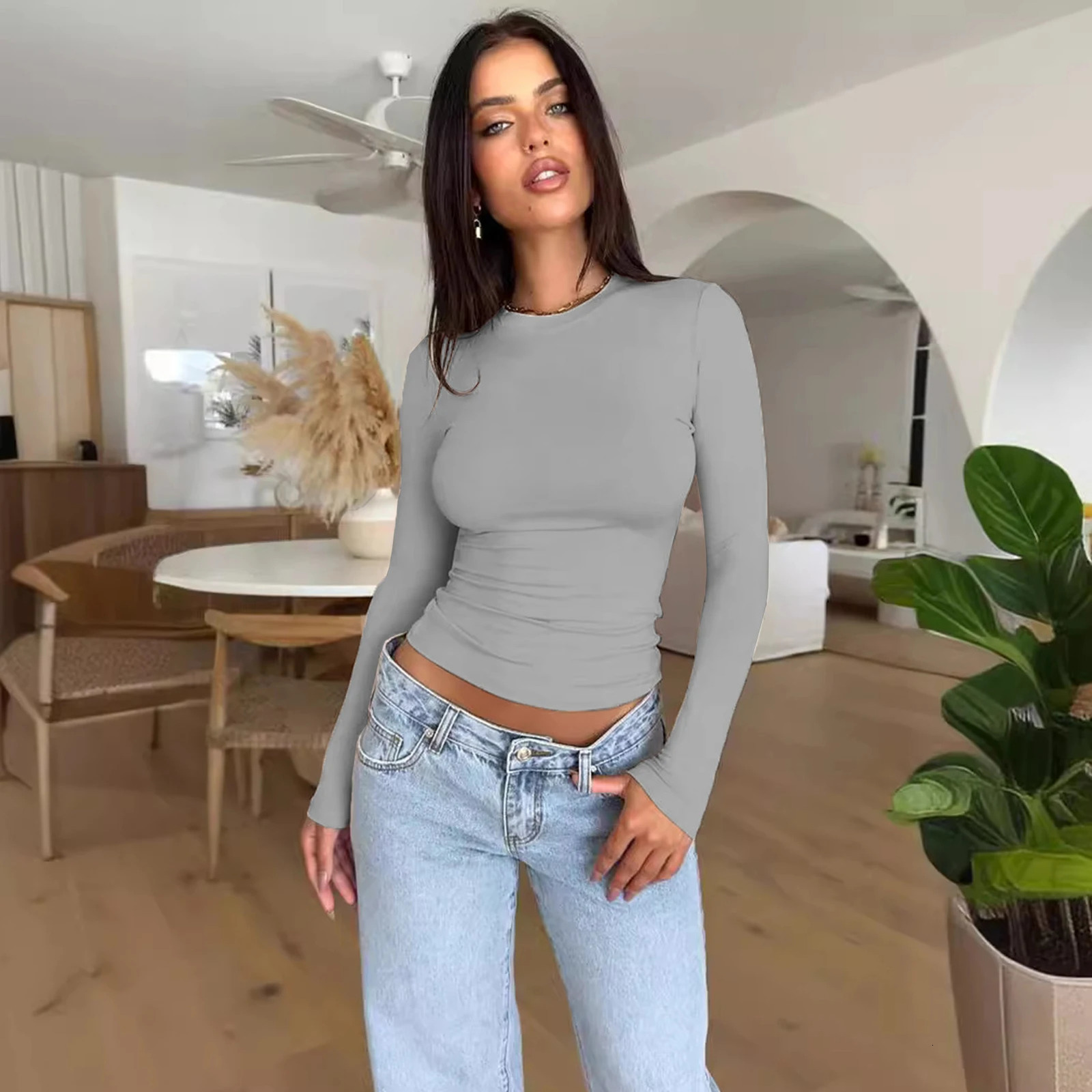Long Sleeve T Shirt Women Autumn Winter Y2k Crop Top Casual Slim Fit Pullovers Solid O Neck Tshirts Streetwear Female Basic Tee 250108