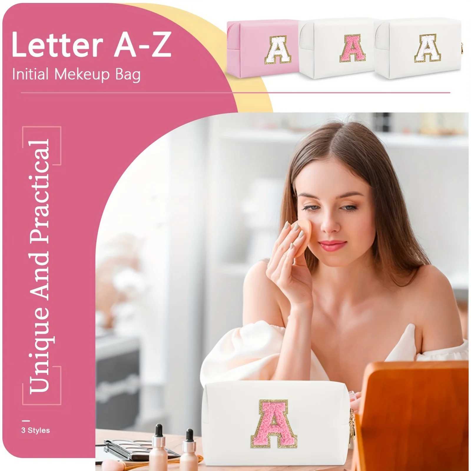 Initial letter patch makeup bag pre made portable chenille letter makeup bag with zipper PU leather waterproof travel toilet W250109