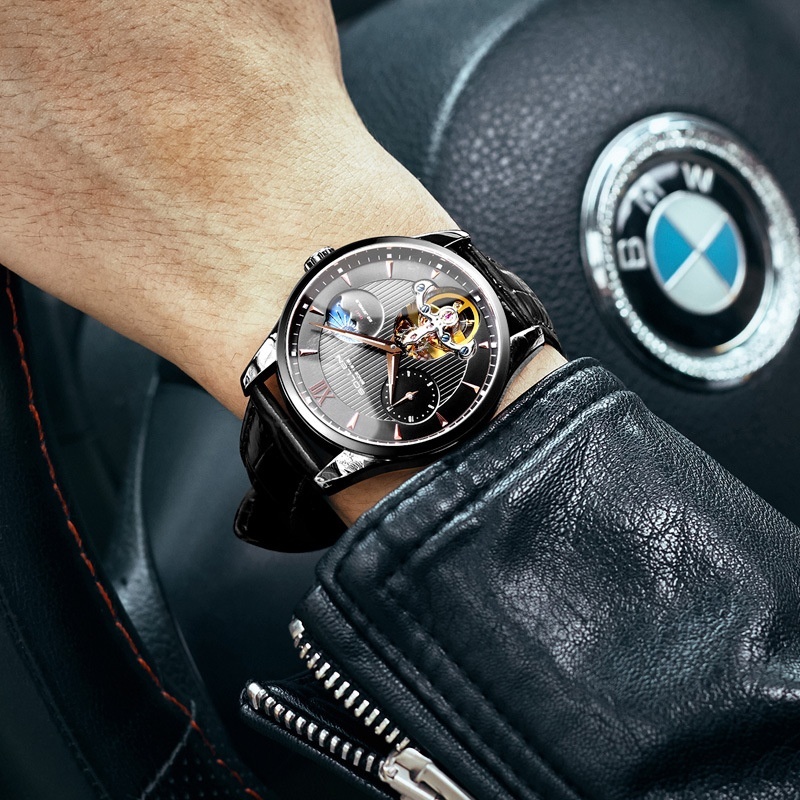 SOLLEN Men's Automatic Mechanical Watch with Skeleton Dial and Dual Time Zone