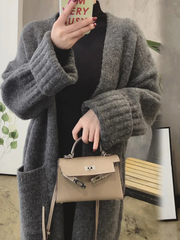 Autumn Winter Knitted Cardigan Women Sweater Jacket Elegant Vintage Loose Long Outerwear Maxi Y2k Sweater Coat Soft Jacket 250106