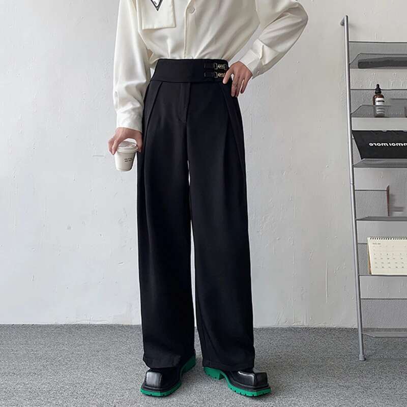 Stylish Suit Pants Men's Loose Casual Elegant Trendy Wide Leg Metal Buckle Design Straight Trousers