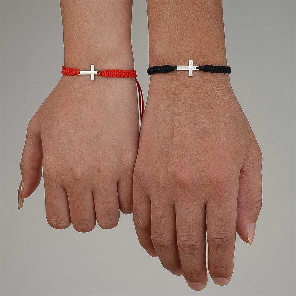 Tren Black White Cross Bracelets for Women Men Faith Btism Couple Gift Silver Color Rope Chain Matching Bracelets JewelryXJ250109