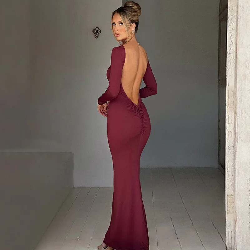 Cryptographic Elegant Open Back Ruched Sexy Bodycon Maxi Dress Birthday Outfits for Women Long Sleeve Dresses Gown Club Party 250108