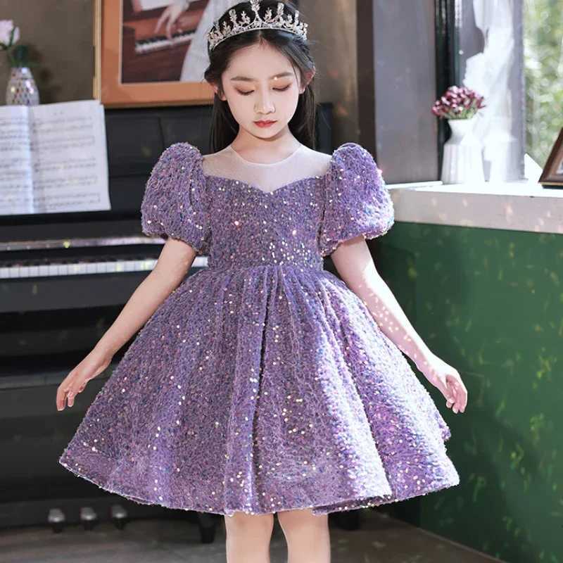 2023 Evening Wedding Kids Formal Occasion Par Dresses for Little Girls Special Events Purple Sequins Short Gown Luxury PageantXJ250108