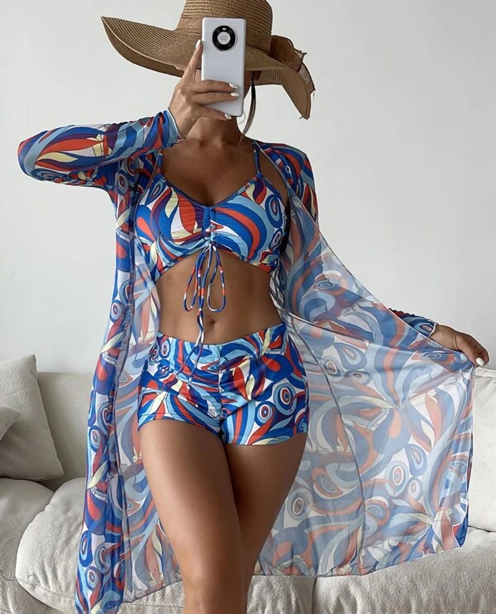 2025 Swimming Suit Women's Split Three Piece High Waist Long Sleeve Ins Cover Up Mesh Red Drawstring Set Bikini Designer Swimwear
