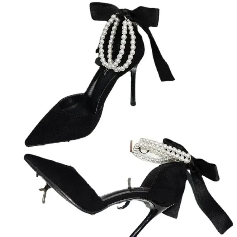 Ladies Shoes 2024 Ankle-wrap Womens High Heels Sexy Party Pumps Women String Bead Bow Tie Buckle Strap Spike Heels Sandal 250106